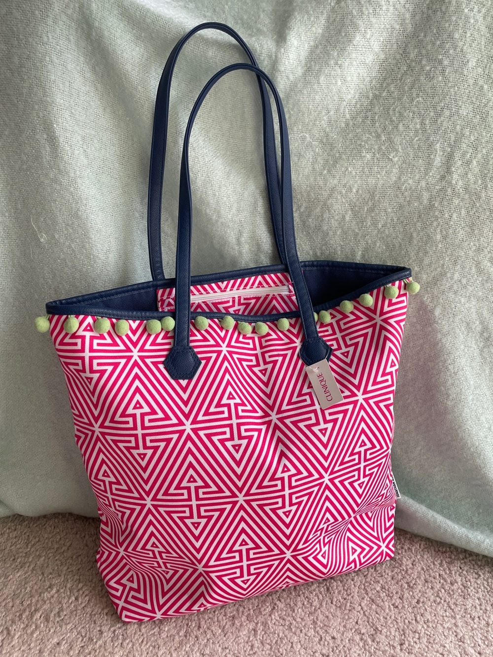 Clinique X Jonathan Adler Geometric Pink White Blue & Green Pom Poms Tote Bag